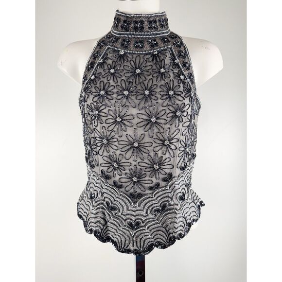 VINTAGE Papell Boutique Evening M 100% Silk Black Beaded Sleeveless Top - Picture 1 of 5